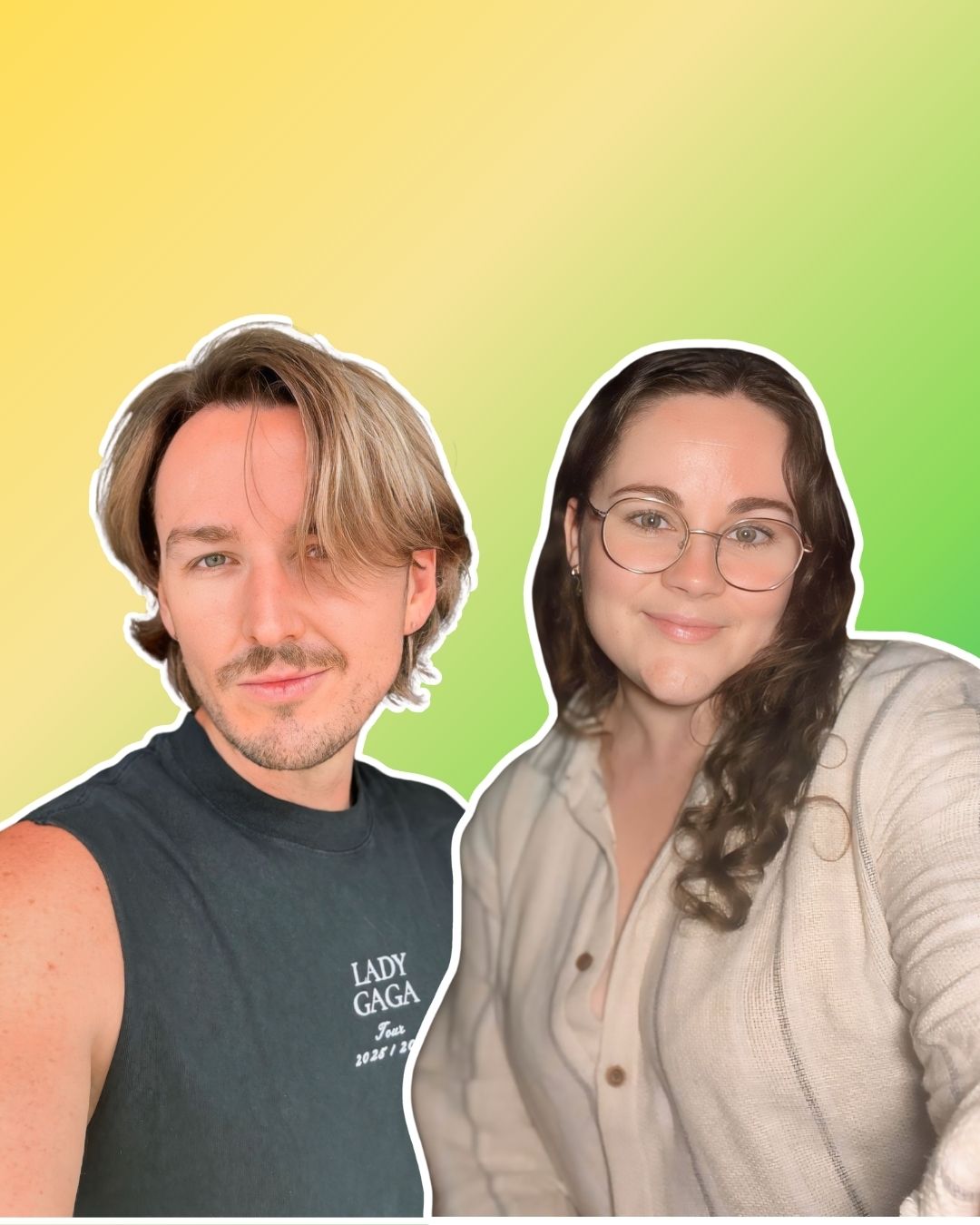 Image of Paige and Brendan with their logo colours in the background